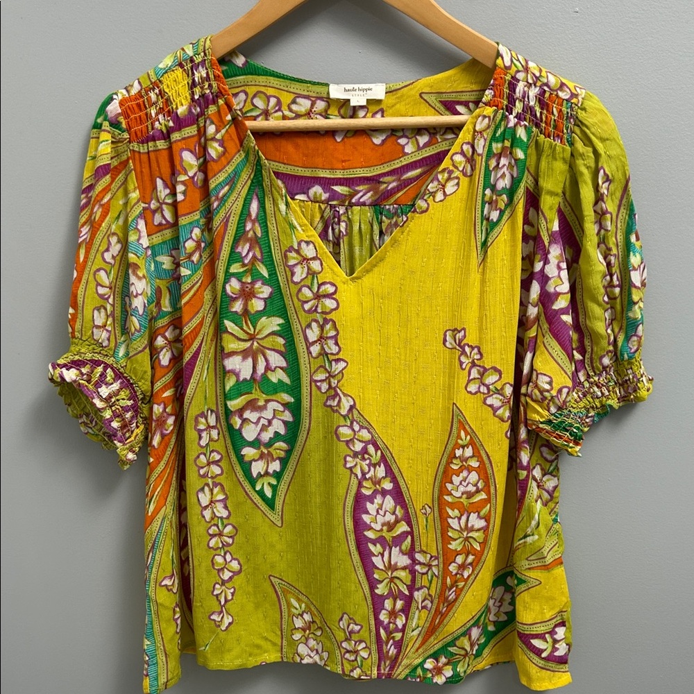 Haute Hippie Yellow Floral V-Neck Peasant Blouse